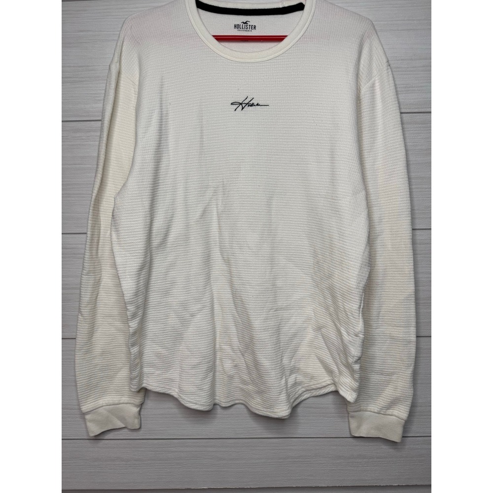Hollister Mens White Thermal Long Sleeve Crewneck Shirt Embroidered Logo Size XL